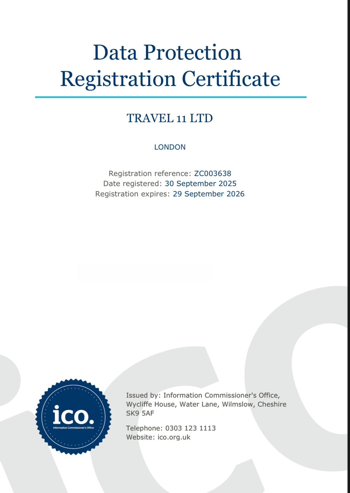 Data Protection Registration Certificate - Travel 11 Ltd
